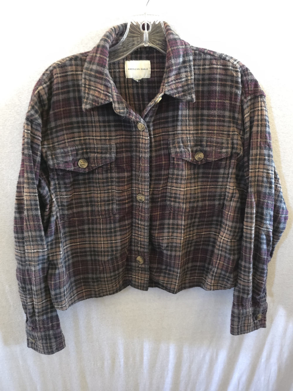 American Eagle Outfitters Purple Plaid Button-Front Flannel Shirt Jacket